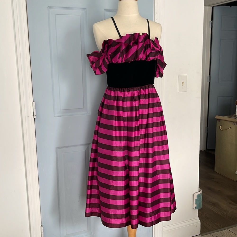 80’s Fuschia Stripe Taffeta and Velvet Cocktail Dress size Small